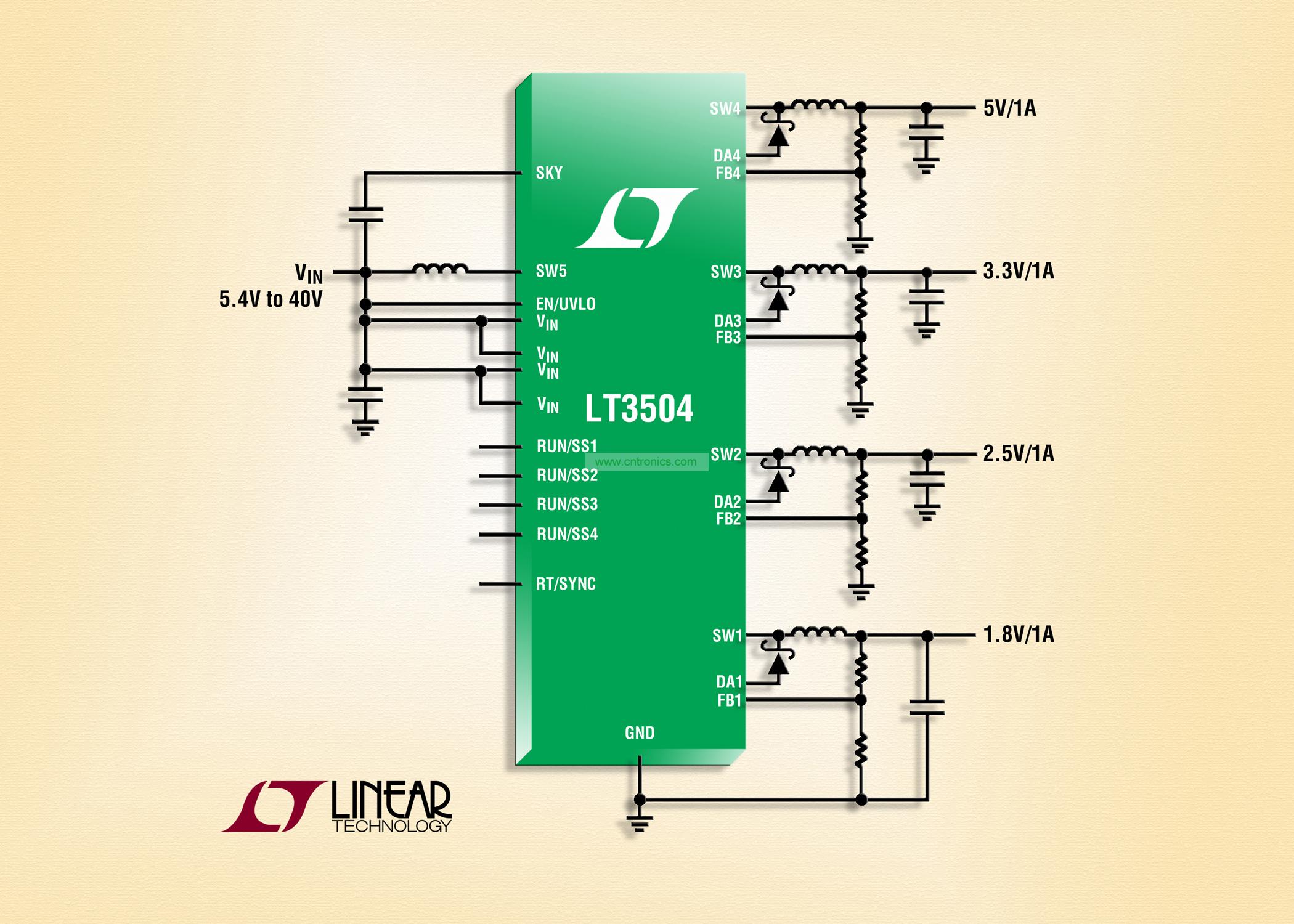 40V、4 通道 1A (IOUT)、2.2MHz 降壓型 DC/DC 轉(zhuǎn)換器