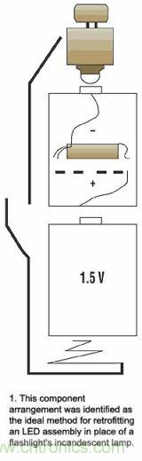 增壓電路在有兩節(jié)電池的手電筒中將代替的一節(jié)電池，LED裝置則代替白熾燈