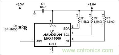 圖1：MAX44000典型電路，包括LED