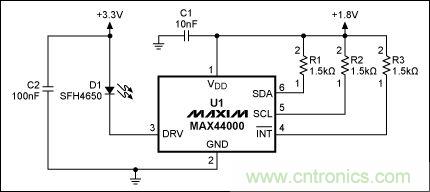 圖2：MAX44000典型電路，帶有發(fā)射器旁路