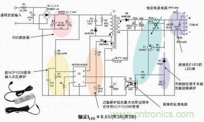 安森美半導(dǎo)體離線式第二代LED驅(qū)動(dòng)器NCP1014/1028的應(yīng)用示意圖。
