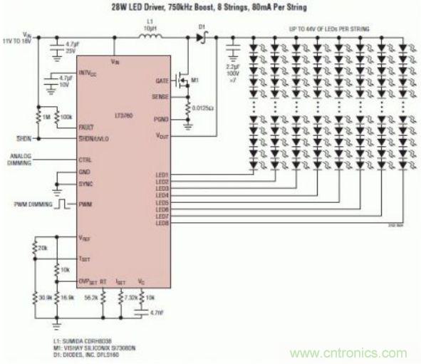 采用 LT3760、效率為 90% 的 28W LED 背光照明電路