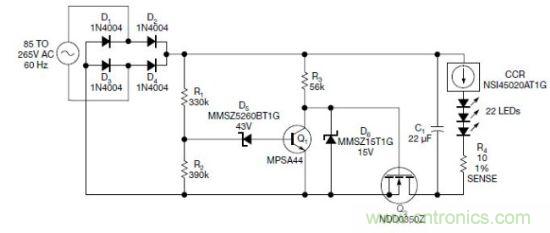圖1：電路以恒流驅(qū)動(dòng)一串LED，可用于全世界的各種交流電壓