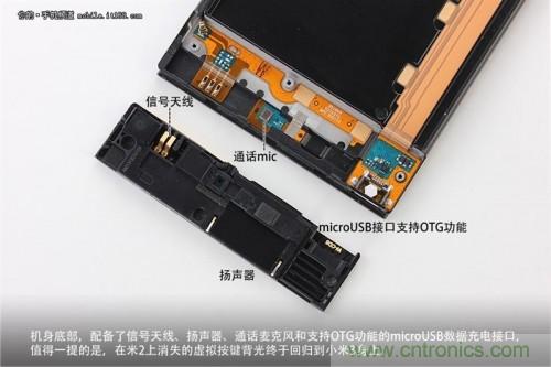信號天線、揚聲器、麥克風(fēng)以及支持OTG功能的Micro USB接口均位于底部