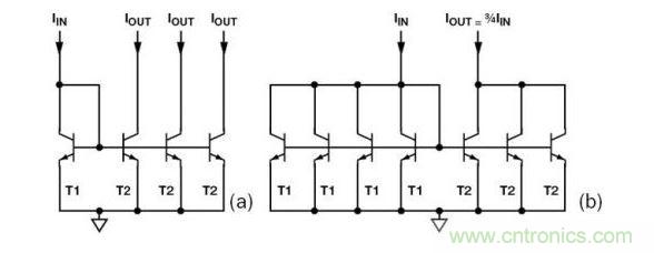 （a） 多級電流鏡 （b） 非整數(shù)比例電流鏡可將3個T2集電極結(jié)合起來，得到3IIN