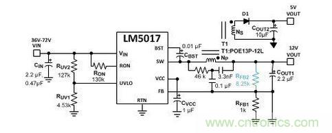 基于 LM5017 的 Fly-Buck 轉(zhuǎn)換器電路，沒有基于光耦合器的穩(wěn)壓電路