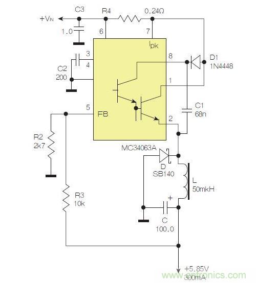采用降壓配置中廣為使用的MC33063/MC34063的一個示例。