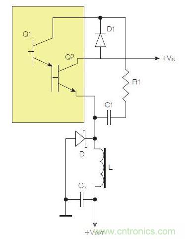為了實現(xiàn)用兩個元器件提升電源轉(zhuǎn)換效率，芯片上應(yīng)有針對驅(qū)動器晶體管Q1集電極的單獨引腳。