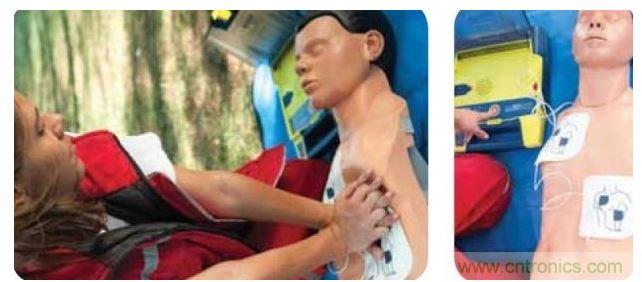 胸部按壓CPR(左圖)迫使血液循環(huán)，為大腦及其它生命器官供血，直到AED重啟心臟(右圖)。