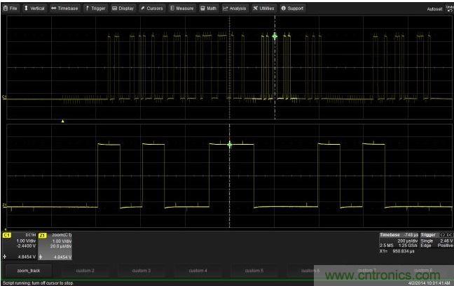 使用CustomDSO運(yùn)行VB腳本“zoom_Track.lss”。當(dāng)腳本運(yùn)行時，縮放波形的中心將跟蹤水平的光標(biāo)絕對位置。從圖中可以看出，光標(biāo)將永遠(yuǎn)位于縮放波形Z1的中心