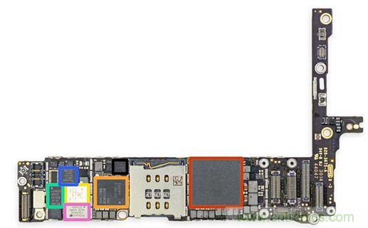 iPhone 6 Plus主板采用1GB RAM的蘋果A8 SoC作為核心部件。（來源：iFixit）