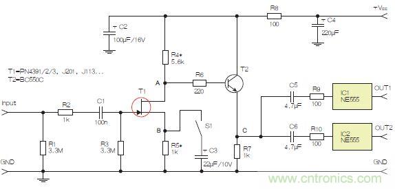 圖3：采用兩個工作在不同頻率下的555定時器電路，以獲取不同的音效。