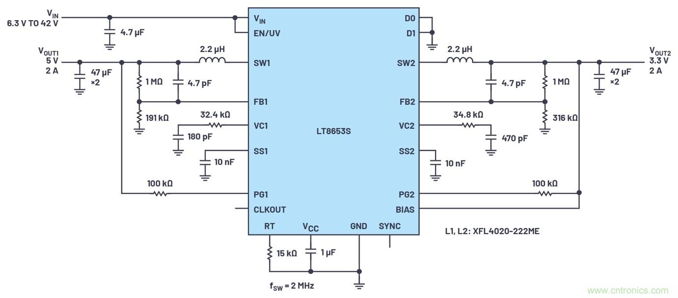 具有6.2 µA靜態(tài)電流的雙通道、42 V、2 A、單片、同步降壓型Silent Switcher 2穩(wěn)壓器