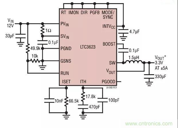 高效率、15V 軌至軌輸出同步降壓型穩(wěn)壓器能提供或吸收 5A