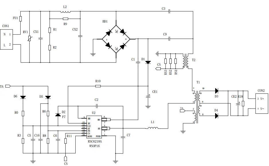 一、LED驅(qū)動模塊RSC6218A REASUNOS(瑞森半導體)通過持續(xù)投入研發(fā)，提升LLC應用技術(shù)，集成控制芯片與功率轉(zhuǎn)換，成功推出新一代產(chǎn)品RSC6218A WSOP-16，延續(xù)瑞森LLC拓撲方案，時機趨勢完全迎合我國雙碳政策，電氣特性契合新版國標GB/T 17625.1-2022和歐盟新版ERP認證EU2019/2020雙重法規(guī)，專為中小功率的產(chǎn)品提供優(yōu)秀的方案；接下來會分幾個篇章持續(xù)介紹新方案產(chǎn)品的應用資料和設(shè)計實例分享：  RSC6218A功率模塊內(nèi)部集成CS-CP-LLC電源半橋模塊和功率轉(zhuǎn)換模塊，延續(xù)瑞森主題設(shè)計方向單級實現(xiàn)高PF無頻閃技術(shù)和LLC諧振軟開關(guān)技術(shù)方案：該型號適用于5-18W功率段；具備高轉(zhuǎn)換效率(90%+)，高PF(>0.96)，低THD(<10%)，小型化(縮小PCB面積10-25%)，通過優(yōu)化產(chǎn)品內(nèi)部設(shè)計提升產(chǎn)品內(nèi)部功率器件的開啟與關(guān)閉性能，避免干擾發(fā)生，最高工作頻率達200KHZ，實現(xiàn)WSOP-16封裝兼顧散熱與小型化；并且內(nèi)部可自動設(shè)置死區(qū)時間，讓方案可靠易設(shè)計。 產(chǎn)品可廣泛應用于： 1.護眼系列燈具：如教室燈、辦公燈、護眼臺燈、壁燈、閱覽室燈等； 2.家居類燈具：如客廳燈、臥室燈、兒童房燈、廚房燈、走廊燈等； 3.軌道類燈具：地鐵照明、高鐵照明、隧道照明、車站照明等； 4.商照類燈具：筒燈、射燈、投射燈、 亮化燈、防爆燈等； 方案起到提供高效，穩(wěn)定，長壽命的作用。 二、產(chǎn)品功能框架  三、IC各PIN腳功能說明  PIN1 PGND 功率地，內(nèi)部是連接低邊MOS的S端地線； PIN2  NC  PIN3  HS 半橋MOS低邊漏極PIN； PIN4  HS 半橋MOS低邊漏極PIN； PIN5  HS 半橋MOS高邊源極PIN； PIN6  HS 半橋MOS高邊源極PIN； PIN7  NC  PIN8  HO 半橋MO高邊漏極； PIN9  HO 半橋MOS高邊漏極； PIN10 HB 半橋驅(qū)動高邊電源，通過外置的一個二極管與電容組成自舉回路，為高邊 MOS 的開啟提供電平； PIN11 VIN 高壓啟動的輸入腳，最高耐壓可達DC600V，啟動電流在1.7mA，一般應用是從高壓電解處串接一個1206100K電阻引到PIN1，在整個環(huán)路還未建立起來時，是靠這個引腳的供電通過內(nèi)部連接到PIN6VCC，然后把VCC電容慢慢充電到芯片的啟動電壓后，芯片開始工作。整個環(huán)路建立起來后，VIN腳內(nèi)部關(guān)斷，VCC 通過外部變壓器輔助繞組供電維持正常工作； PIN12  VCC 信號電源引腳， 工作電壓范圍 8-20V，工作電流在 0.8mA，靜態(tài)工作電流是 720uA； PIN13  NC DT懸空腳； PIN14 FB  電壓反饋輸入，VFB中心值是1.2V，該引腳的功能主要是限定空載電壓的最大幅度，該芯片空載保護屬于打嗝模式，可以有效降低空載損耗，能效要求輕松符合小于0.5W的要求； PIN15  CS 電流采樣正弦波信號輸入該PIN腳是通過線路中的互感電感采樣得到全波的正弦波信號， 通過電阻轉(zhuǎn)換為電壓信號后，輸入到CS PIN腳， 內(nèi)部連接到壓控振蕩器，根據(jù)輸入進來的電壓幅值大小，以及正弦波的頻率，壓控振蕩器輸出對應的方波來控制LG與HG端的MOS開關(guān)頻率，實現(xiàn)恒流調(diào)節(jié)控制； PIN16  AGND 信號地參考電平，主要連接 VCC，F(xiàn)B 對應 PIN 腳的元件地線。 四、關(guān)鍵PIN腳參數(shù)設(shè)定范圍  五、典型應用原理圖  關(guān)注瑞森半導體公眾號，接下來持續(xù)分享具體案例的設(shè)計參考文檔，攜手各伙伴們實現(xiàn)新版國標GB/T17625.1-2022的順利達標，為工程師縮短開發(fā)周期，讓工廠端得到滿意的產(chǎn)品，給客戶一個滿意的答卷，得到需要的利潤空間。
