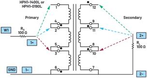   材料  ? ADALM2000主動學習模塊 ? 無焊試驗板和跳線套件 ? 一臺HPH1-1400L 6繞組變壓器 ? 一臺HPH1-0190L 6繞組變壓器 ? 兩個100 Ω電阻  說明  在無焊試驗板上構建圖2所示的電路。需要使用此設置來測量初級/次級匝數比為1:1的三種不同配置下，兩個變壓器型號各自的頻率響應。兩個紅色箭頭表示在初級和次級使用同一個線圈的配置中連接源電阻和負載電阻的位置。藍色箭頭對應的是在初級和次級使用兩個串聯線圈的配置。綠色箭頭對應的是在初級和次級使用三個串聯線圈的配置。
